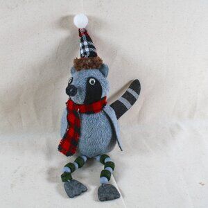 VTG Grey Plush Racoon Toy with Beaded Legs. Wareing hat and Scarf. 8 in tall